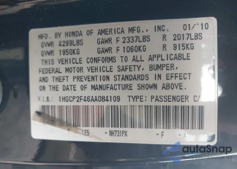 2010 Honda Accord 2.4 Lx-P from USA, damaged, VIN 1HGCP2F46AA084109